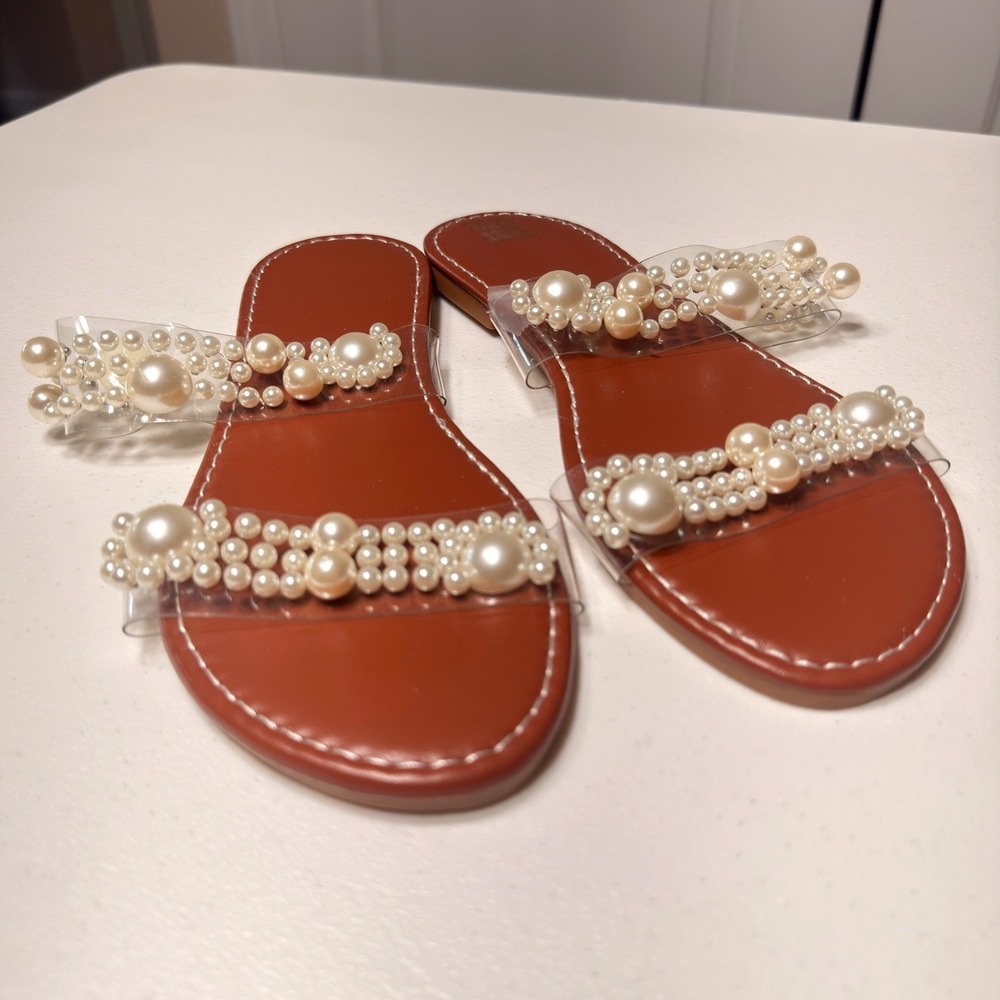 Faux Pearl Embellished Clear Strap Slide Sandals Cognac Brown Flat Size 39 8.5
